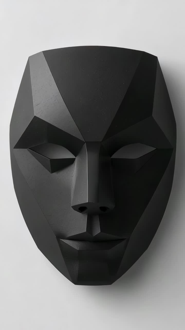 Vertical video: Zooming camera revealing matte black faceted mask on gray wall, highlighting facets
