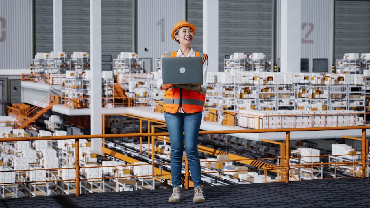 Full Body Of Asian Female Engineer With Safety Helmet Looking At A Laptop And Looking Around While Standing In The Warehouse With Shelves Full Of Delivery Goods