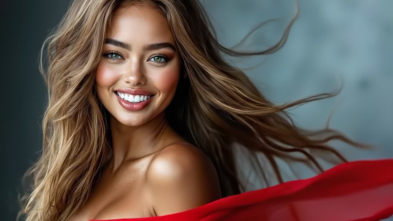 Una donna con lunghi capelli biondi e un vestito rosso
