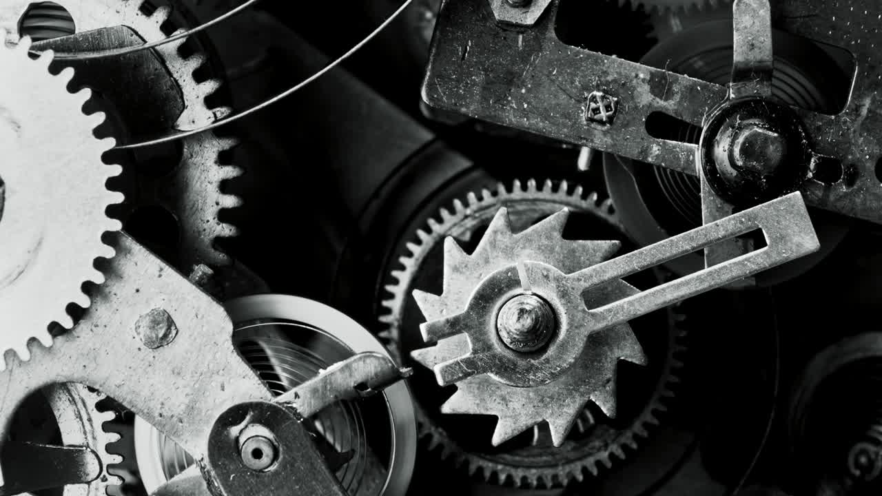 Watch mechanism macro loop. Old vintage clock mechanism working.