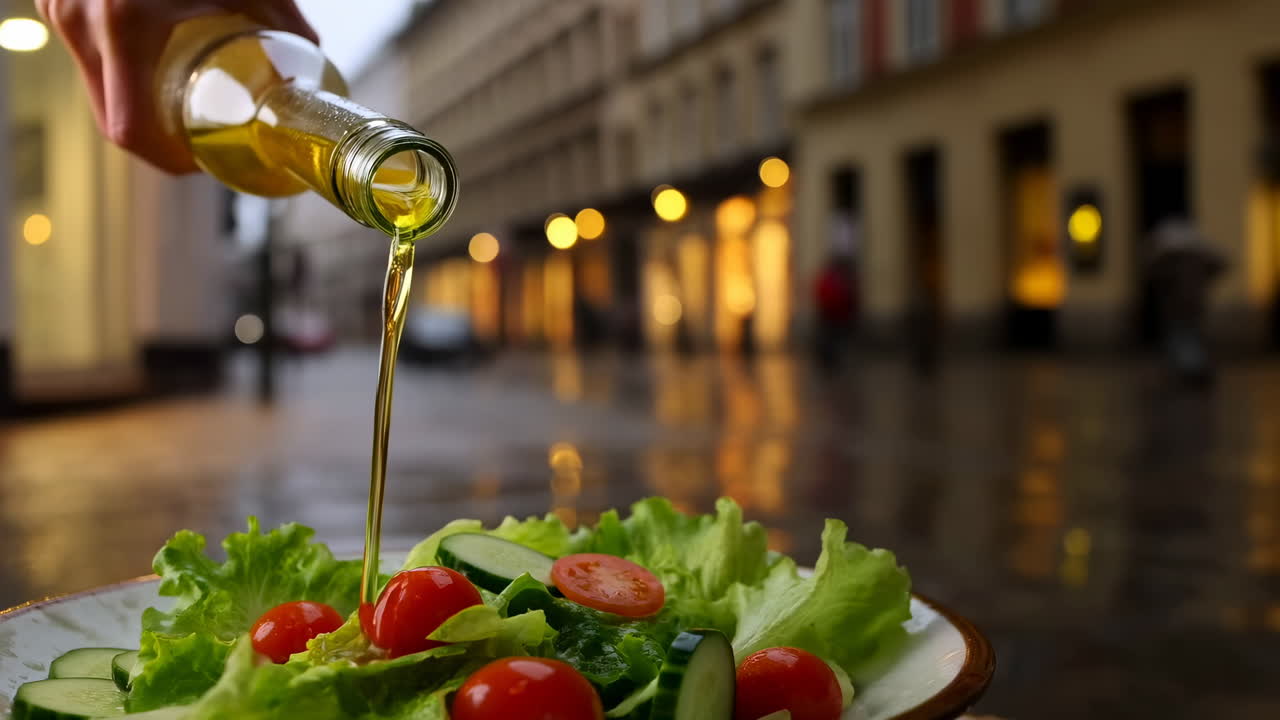 Olio d'oliva versato su insalata fresca con sfondo urbano serale