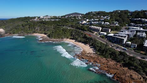 Beachfront-City-And-Road-At-Coolum-Bay-In-The-Sunshine-Coast,-Queensland,-Australia