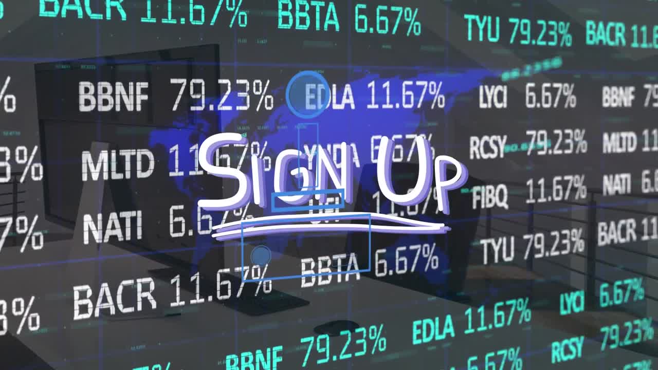 데이터 처리 및 사무실의 애니메이션 서명 텍스트 및 세계 지도