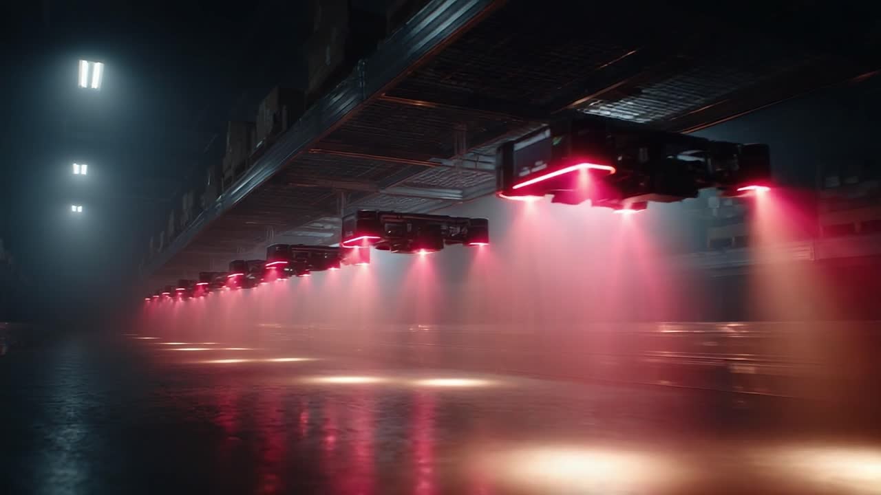 A mesmerizing display of hovering drones emitting vibrant red beams while navigating a dimly lit industrial space, showcasing advanced automation technology in action