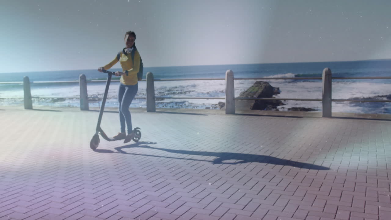 woman riding scooter along coastal walkway showing marketing campaign data with floating graphs