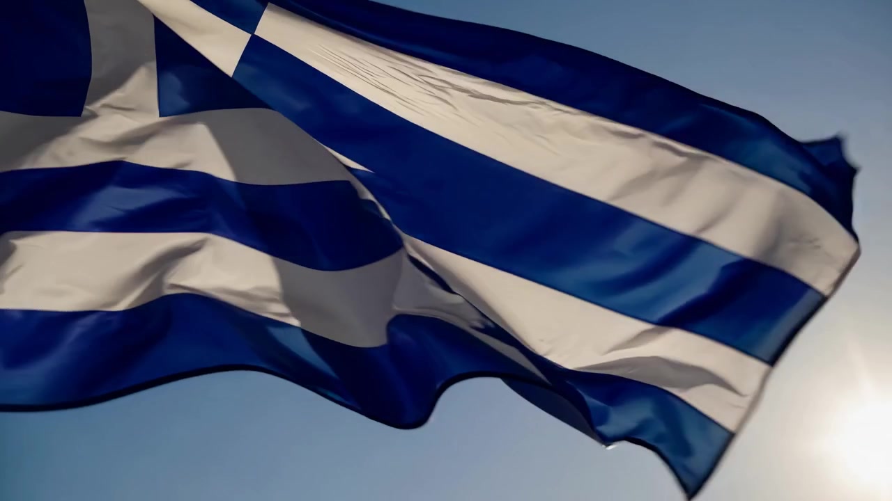 Græsk flag vajer mod en klar blå himmel