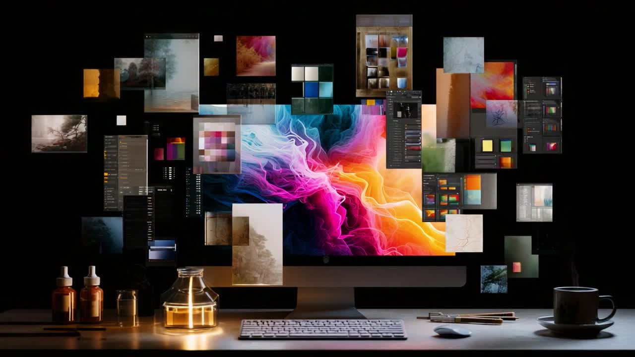A Dynamic Workspace: A Colorful Computer Screen Surrounded by Creative Art Elements and Tools in a Modern Office Setup Showcasing Design Inspiration and Innovation