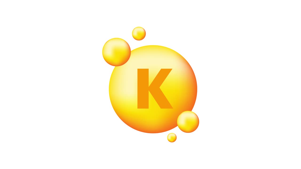 Vitamin K with realistic drop on gray background. Particles of vitamins in the middle. Motion graphics.