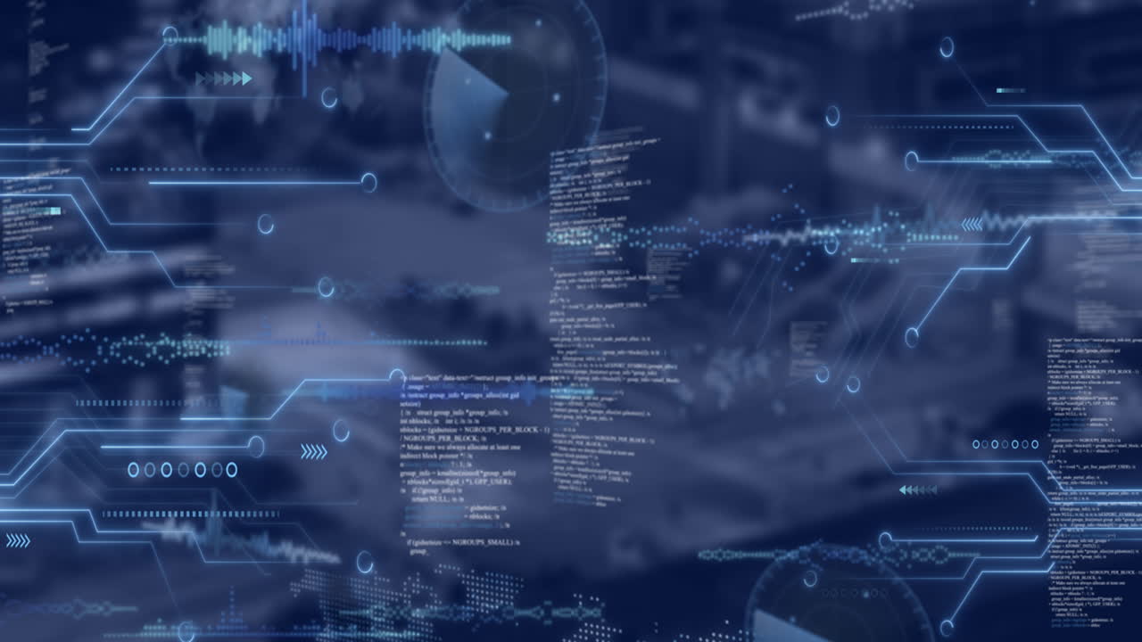 Animation of graphs and data moving over navy background with clouds