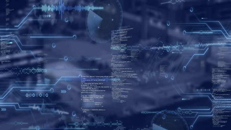 Animation of graphs and data moving over navy background with clouds