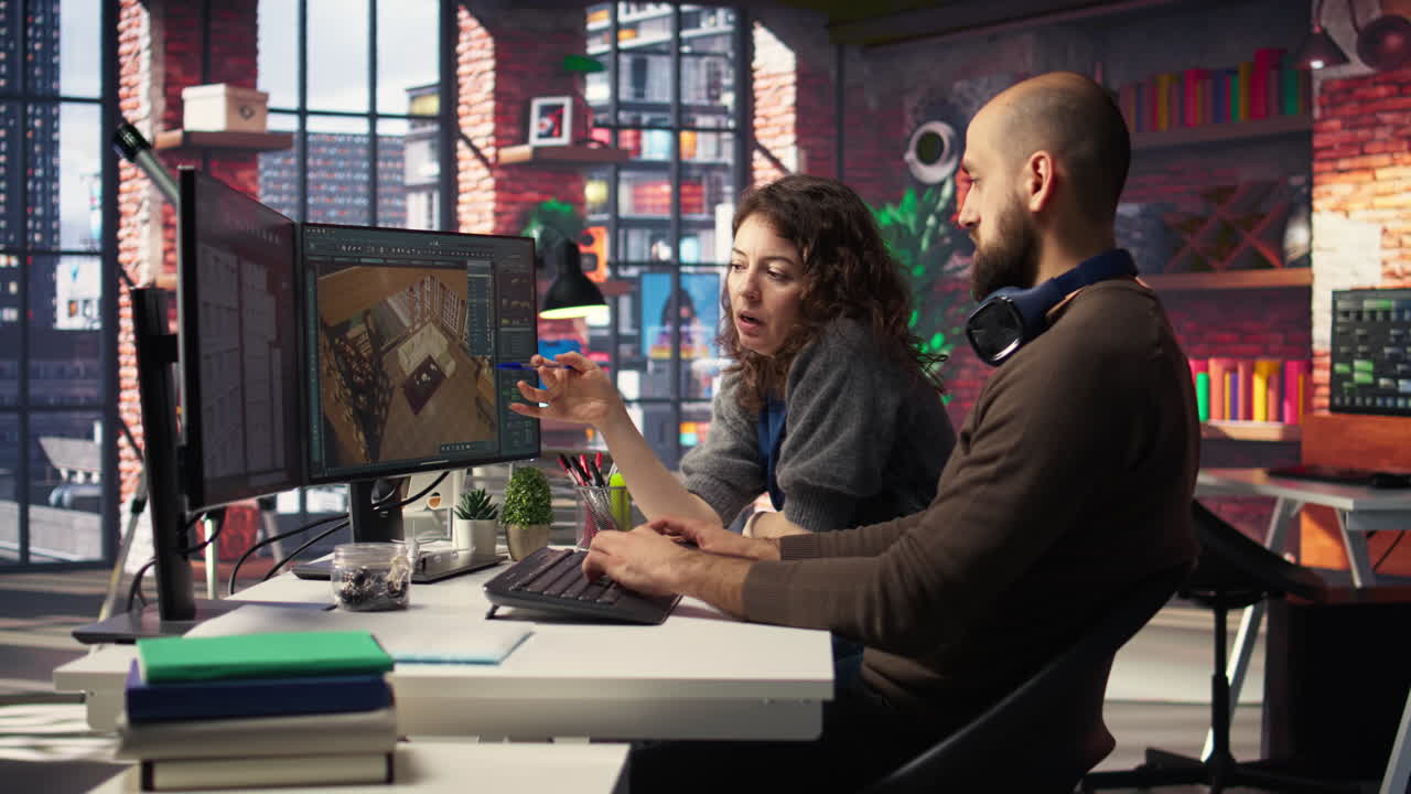 Graphic artists use architectural software on PC to create a detailed 3D render