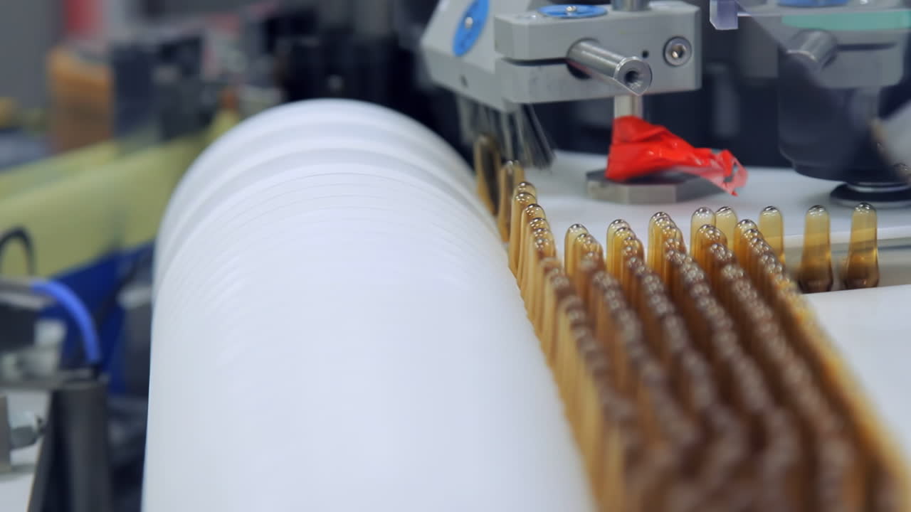 Modern sterile factory setting medical glass vials filled with medicine or vaccines on the production line of a pharmaceutical factory.