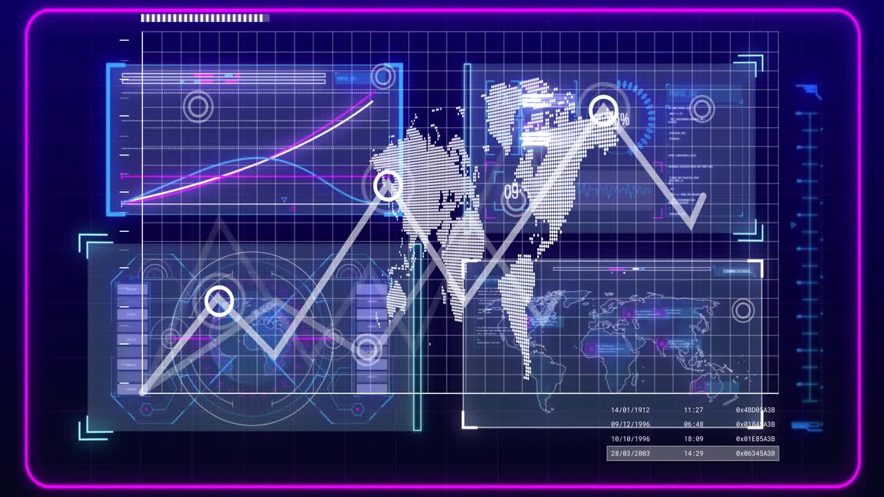 Progress bar filling neon HUD animating dot map breaking, line rising, nodes pulsing showing trends