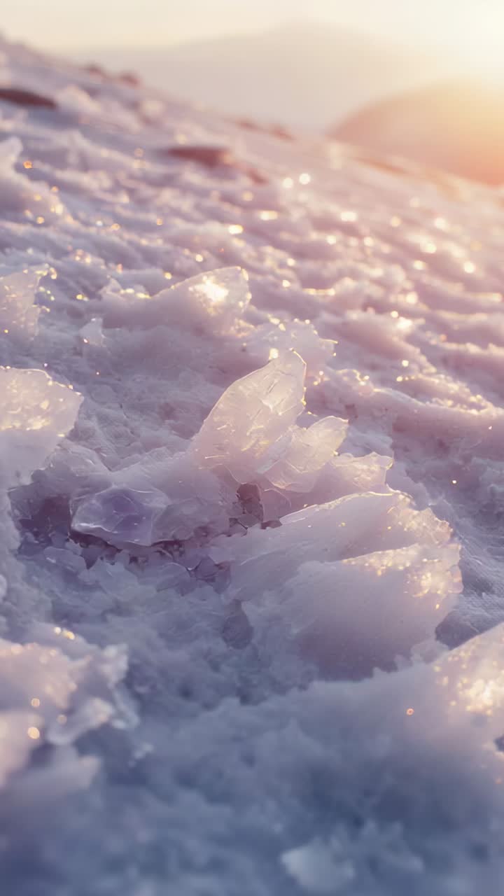 Vertical video: Panning camera beginning pullback over crystal field at sunrise, revealing ridge