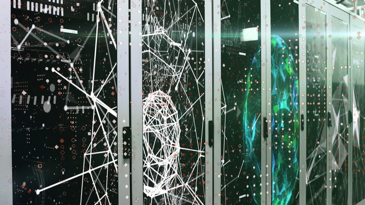 Animation of connected dots and globes over server rack in server room