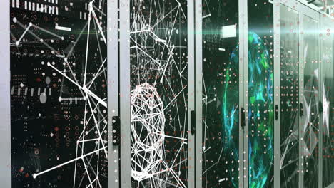 animation of connected dots and globes over server rack in server room