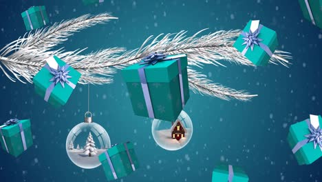 Animation-Von-Geschenken,-Die-über-Den-Weihnachtsbaum-Fallen