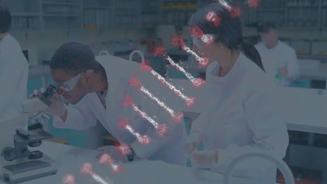 Animating-DNA-strand-over-scientists-working-in-laboratory