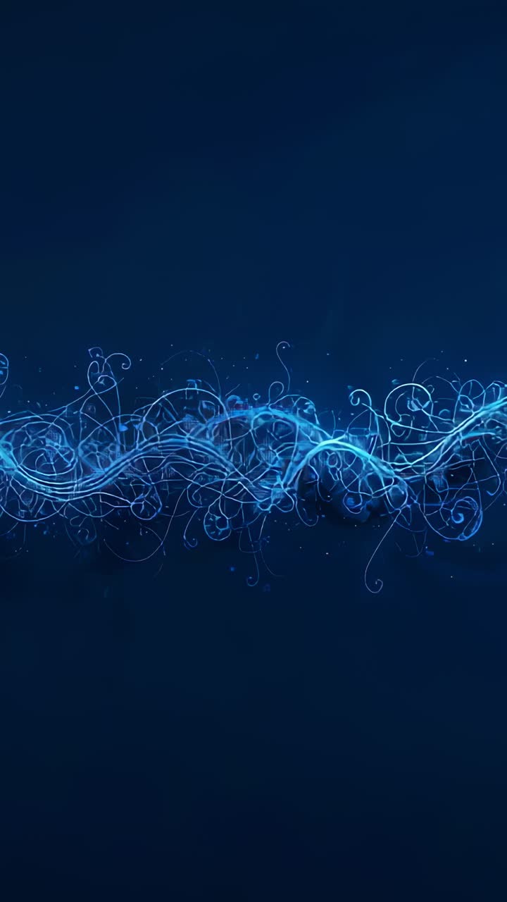 Vertical video: Pulsing core driving neon ribbon oscillating on navy backdrop, tendrils sparkling