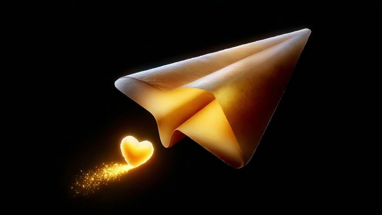 A beautifully crafted paper plane releases a glowing heart, symbolizing messages of love and affection, illuminated against a dark background, showcasing the artistry of motion