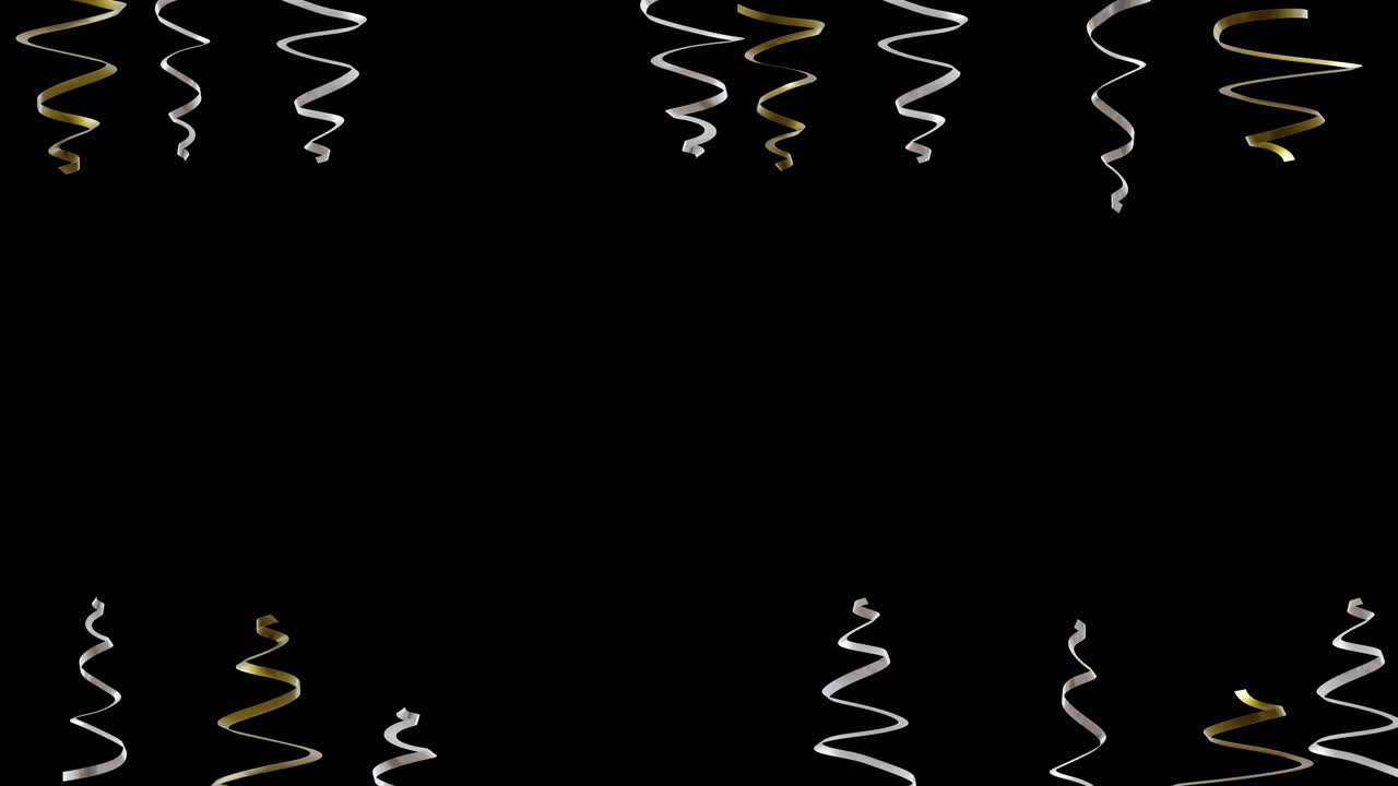 Animation of gold and silver streamers on black background