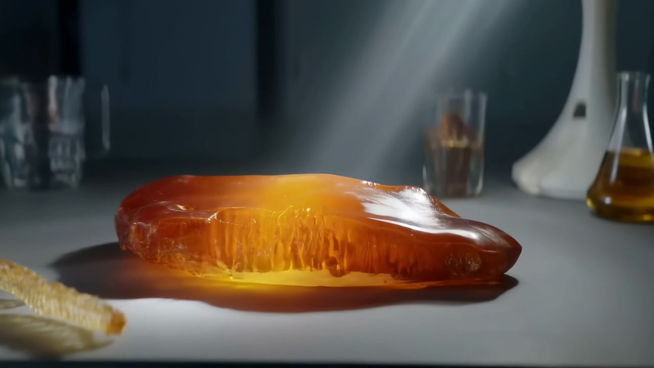 Nahaufnahme einer durchscheinenden bernsteinfarbenen Harzplatte, die auf einer weißen Labortischplatte liegt, während eine verstellbare Schreibtischlampe konzentriertes Licht über die glatte Oberfläche wirft, innere Streifen enthüllt und glänzend wirkt.
