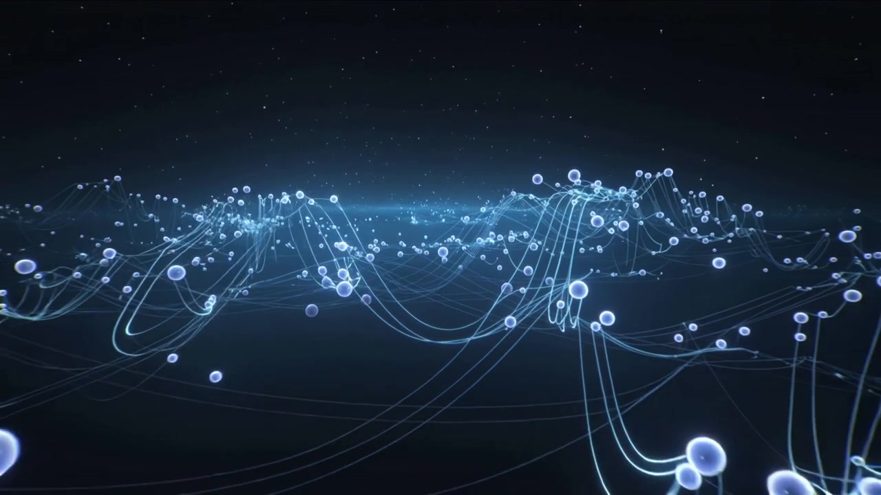 Camera pulling back, revealing cyan strands and spheres oscillating on grid, sending data pulses