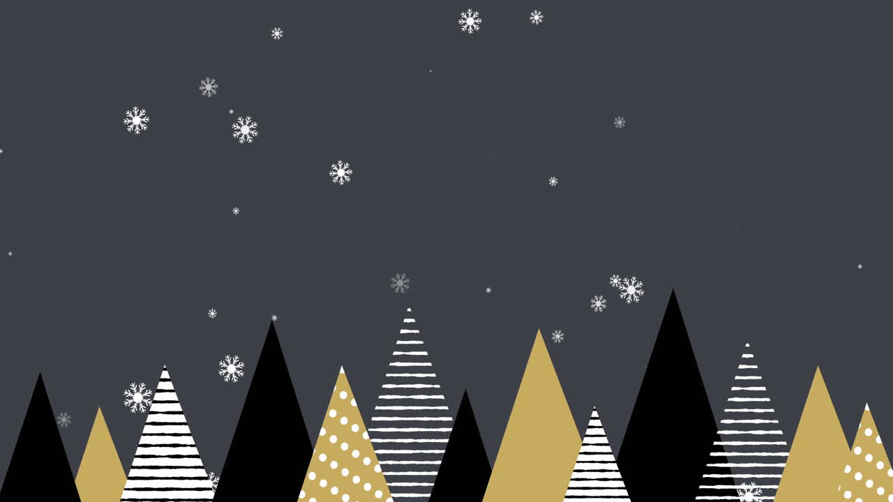 copos de nieve cayendo en los árboles de navidad contra un fondo gris