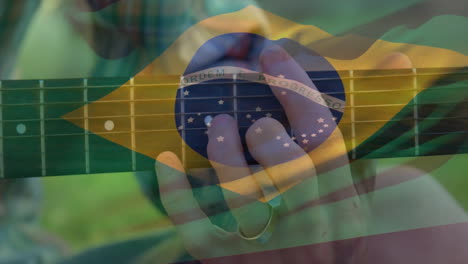 playing guitar outdoors with brazilian flag overlay, person creating animation