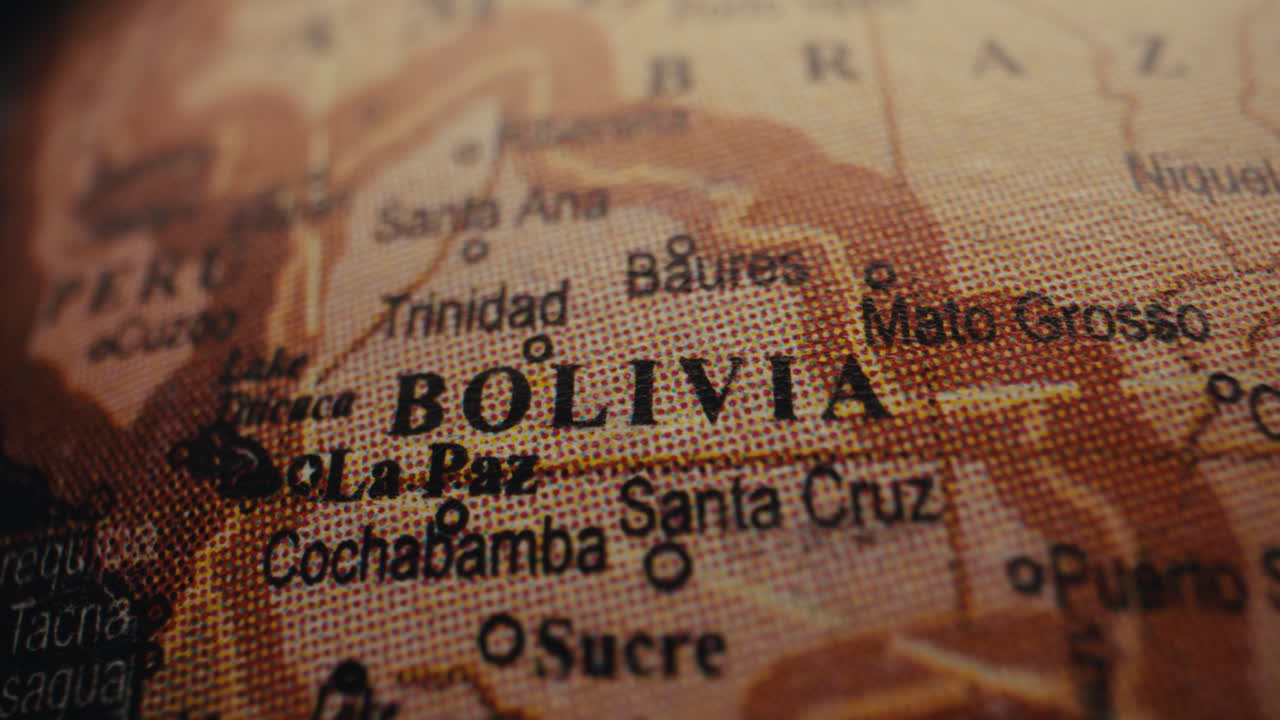 Close-up of a world map highlighting Bolivia