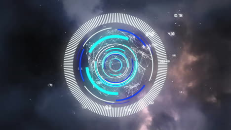 animation of circular scanner processing data and network over lightning storm night sky