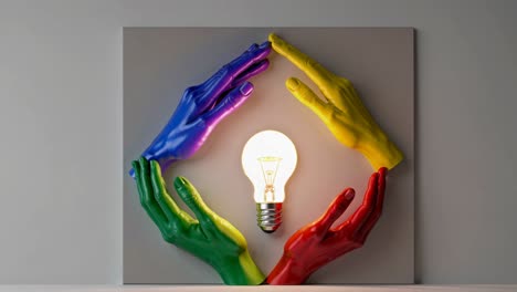 colorful hands protecting a lightbulb