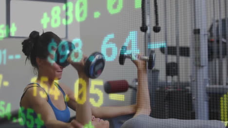 animation of financial data processing over diverse female friends exercising at gym