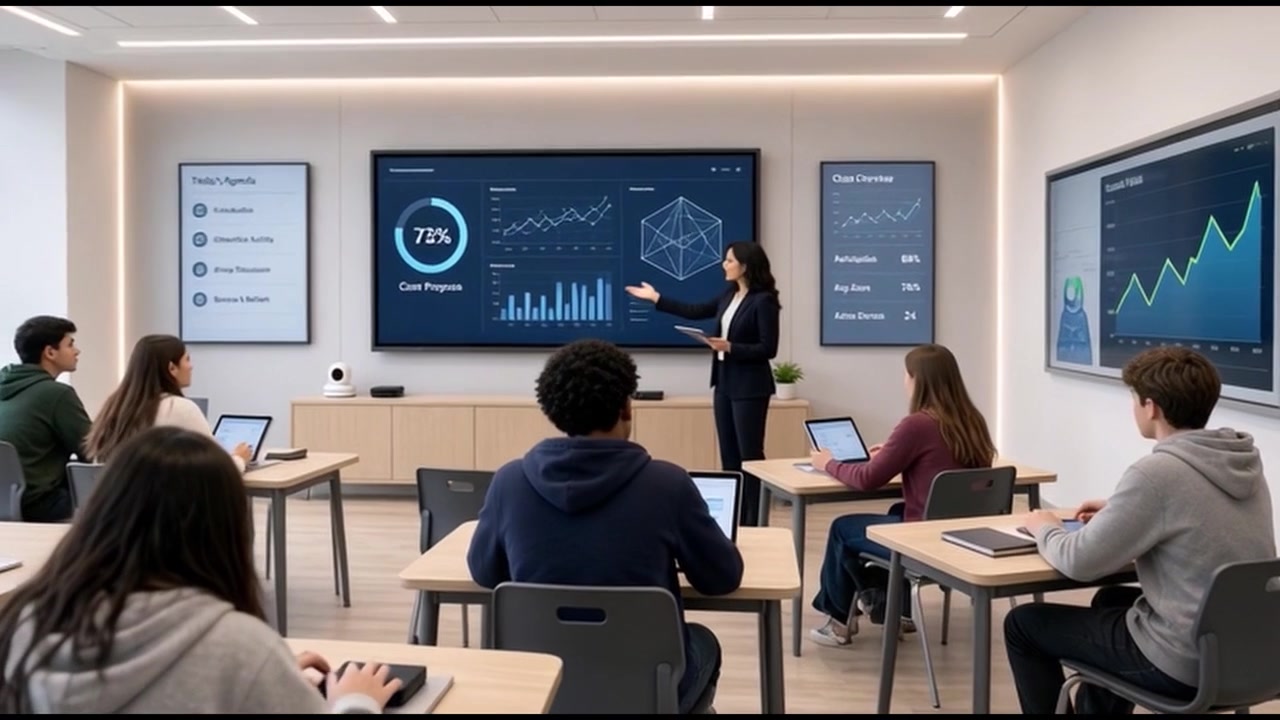 Instructor Presenting Data to Students in a Modern Classroom