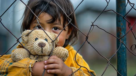 a child behind a fence holding a teddy bear