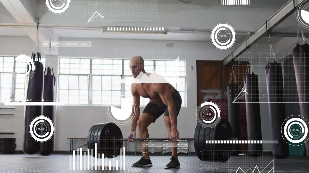 Man initiating lift by driving through legs, lifting barbell while HUD metrics tracking fitness