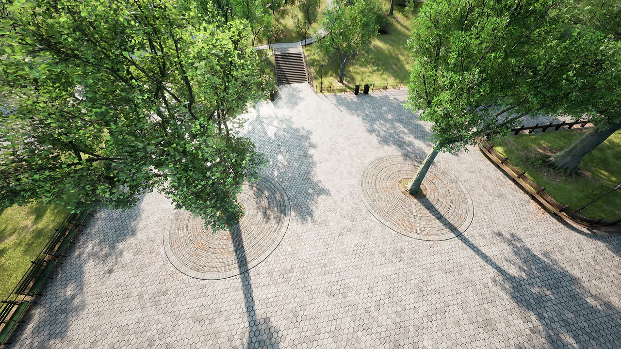 vista aérea de un parque con árboles y pavimento de piedra