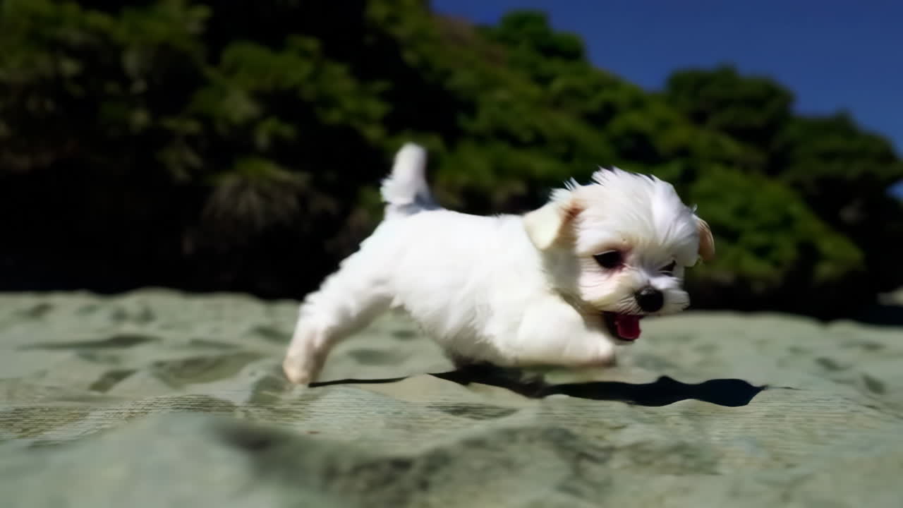 Adorable White Puppy Playing on the Beach