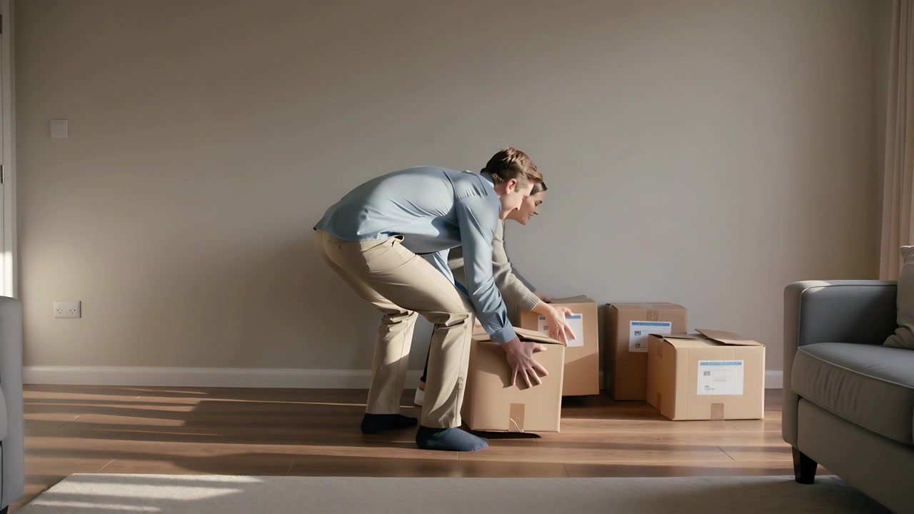 Entering man carrying medium box from left, couple placing boxes in living room preparing to unpack