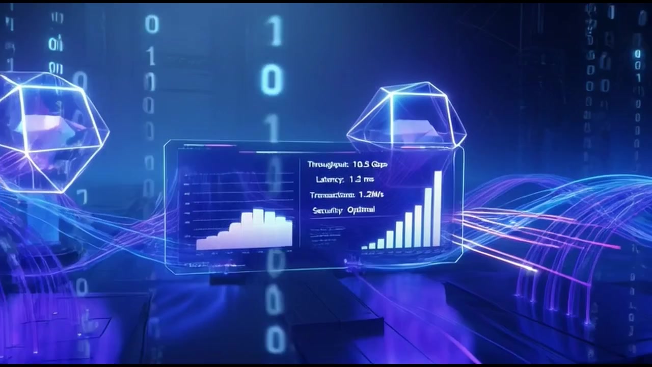 Abstract Digital Data Visualization with Glowing Network Lines and Geometric Shapes