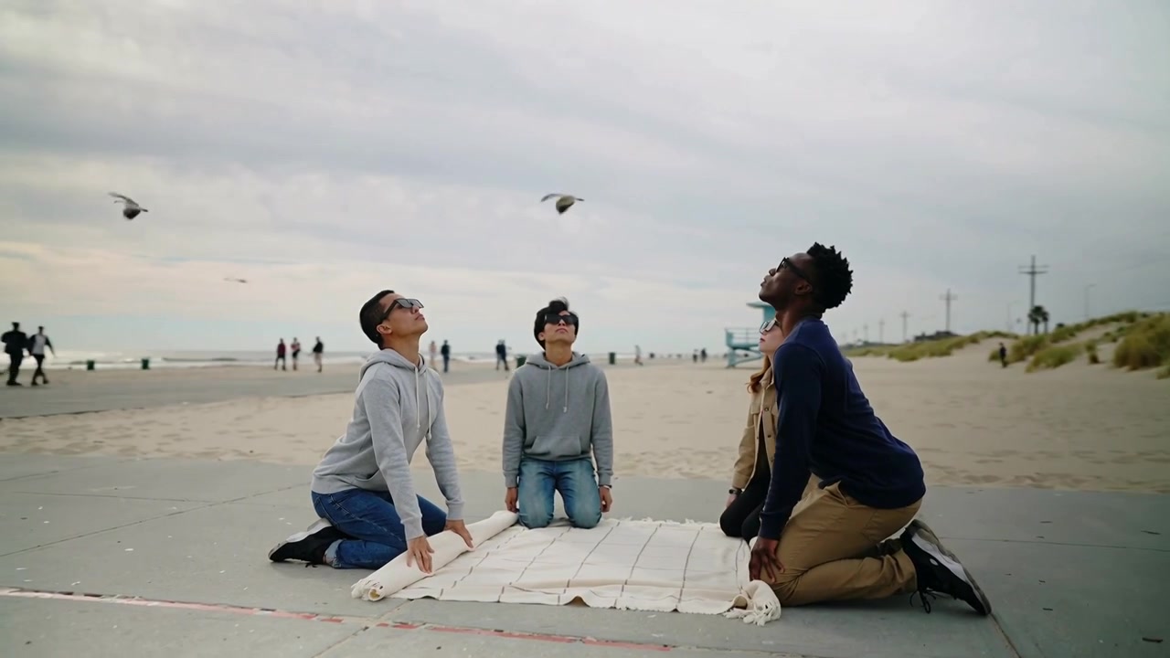 Gathering group in hoodies, jacket kneeling, unrolling blanket on beach to sit, watching seagulls