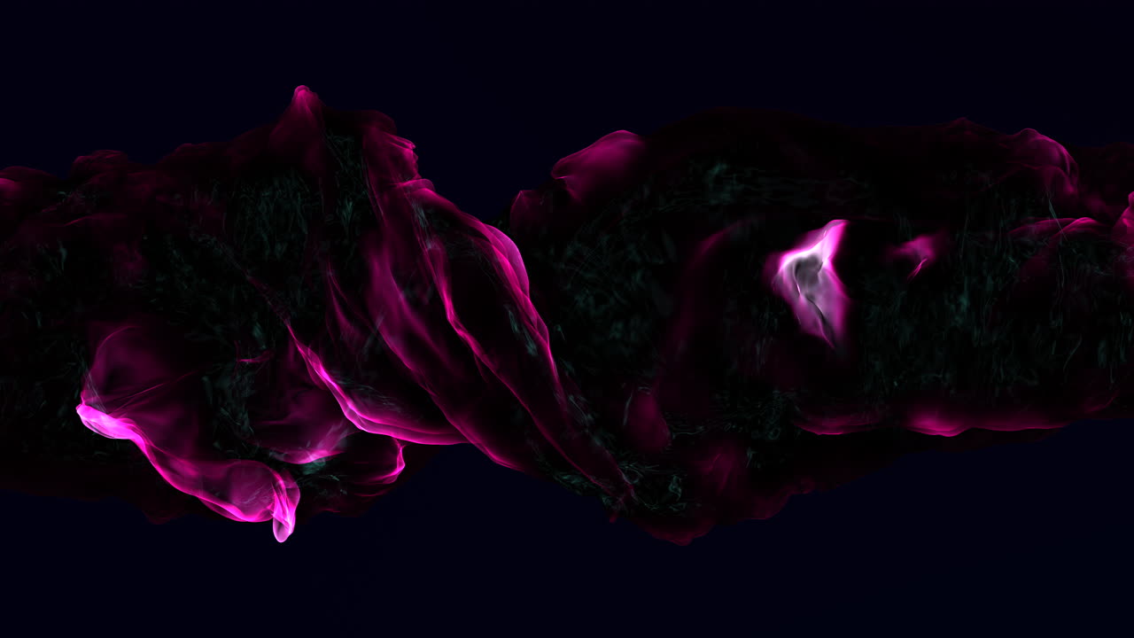 A striking 3D depiction of a colorful flame emerges in this image against a deep black backdrop, showcasing pink and purple smoke swirling dynamically