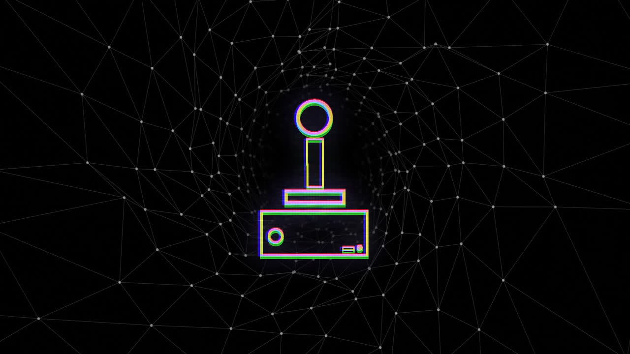 Animation of retro joystick icon with digital network lines in school setting