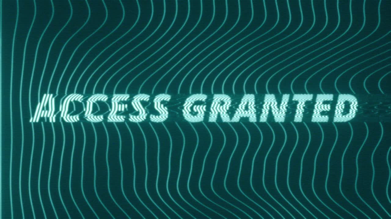 Animated style cyber access concept featuring glitching Access Granted text over a dark blue background with flowing neon wave lines and digital distortion