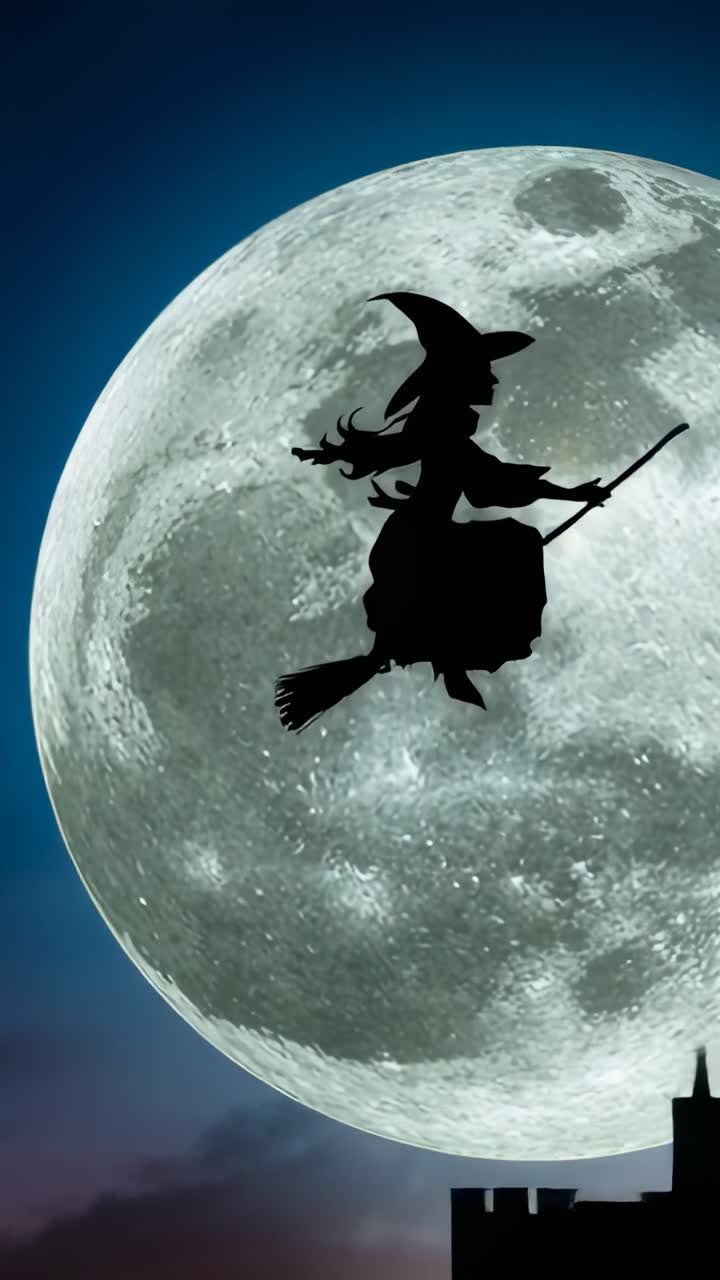 Vertical video: Igniting glow under broom, witch silhouette riding across full moon above spires