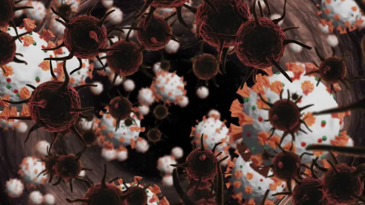 정맥에 떠다니는 거대한 코로나19 세포의 애니메이션입니다.