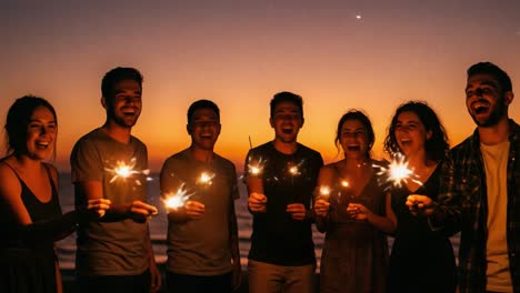a joyous celebration at dusk: friends gather on the shore to share laughter and sparkler magic against a breathtaking sunset