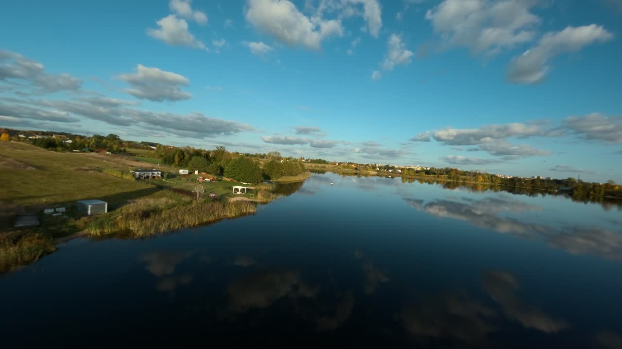 Stunning Aerial View of a Calm Lake Reflected in a Clear Sky