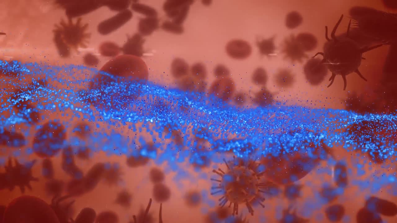 animación de células en movimiento de onda azul sobre fondo rojo