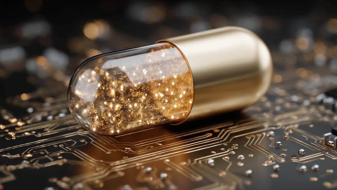 Una capsula straordinaria riempita di particelle scintillanti ambientata su uno sfondo di circuito stampato, fondendo la tecnologia con un tocco di magia ed eleganza